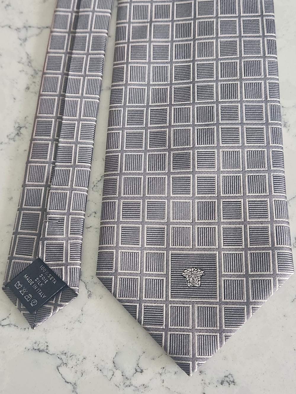 Versace Gray Silver Square Silk Tie Geometric Medusa Head Jacquard Vintage 56"